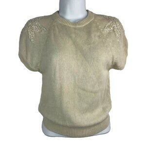Vintage 80s The Italian Mob Floral Beaded Ivory Fuzzy Angora Blend Sweater